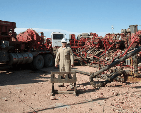 The process of mixing water with hydraulic fracturing fluids to be injected into the ground