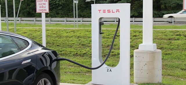 Tesla Model S charging at the Supercharger network station in Delaware.