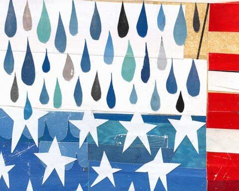 Selling Canada's water | An abstract illustration of rain and the Canadian and American flags
