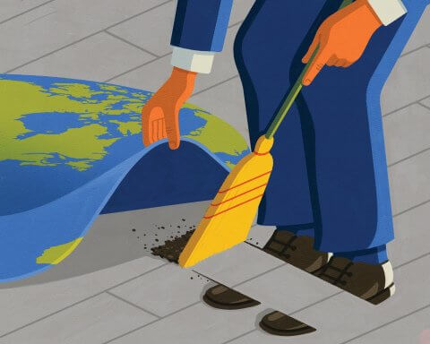 Canada's carbon tax: Who's paying (and not paying) | An illustration of a person sweeping dirt under a rug