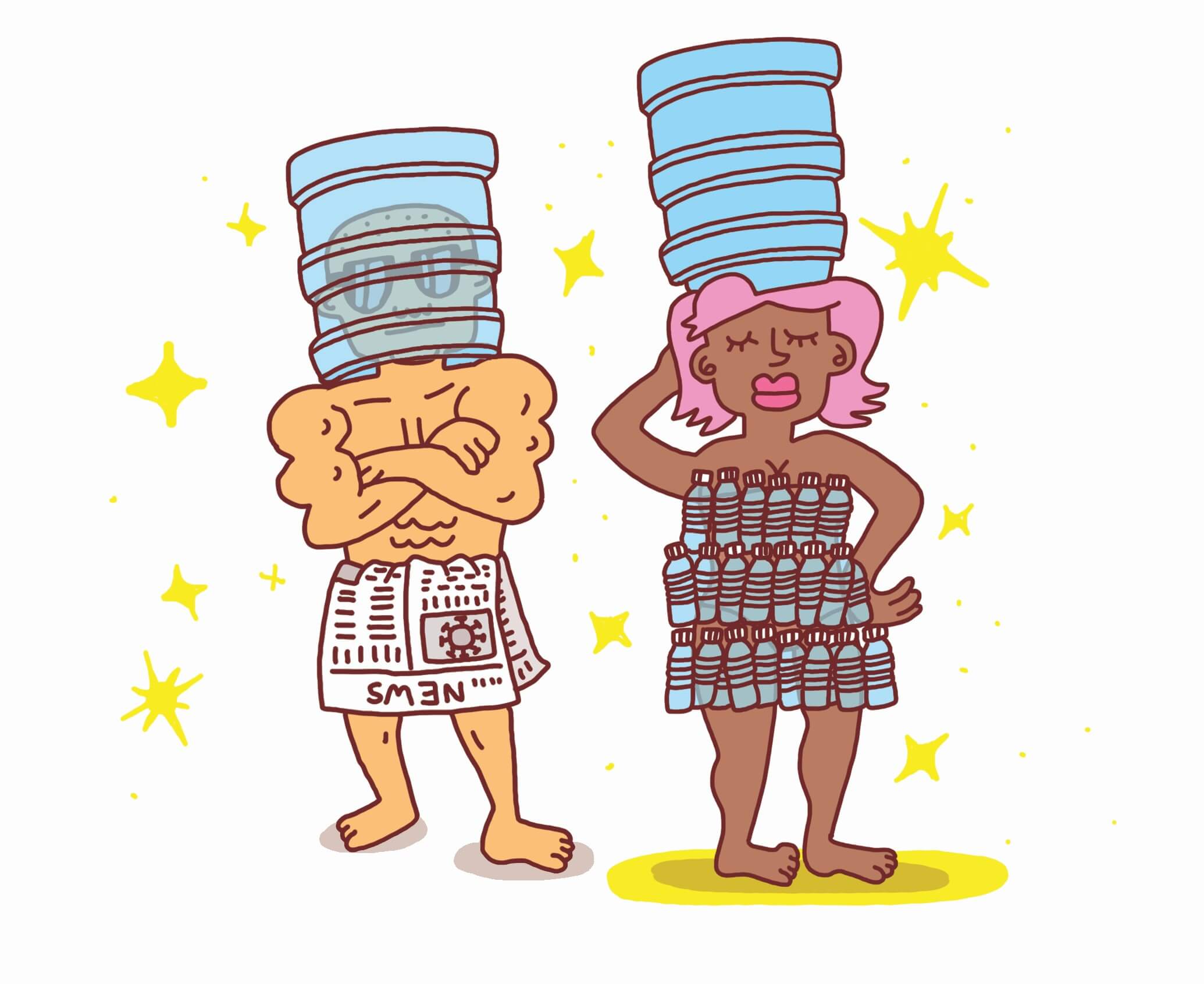 Wins and losses in the world of single-use plastic | An illustration of two people with plastic jugs