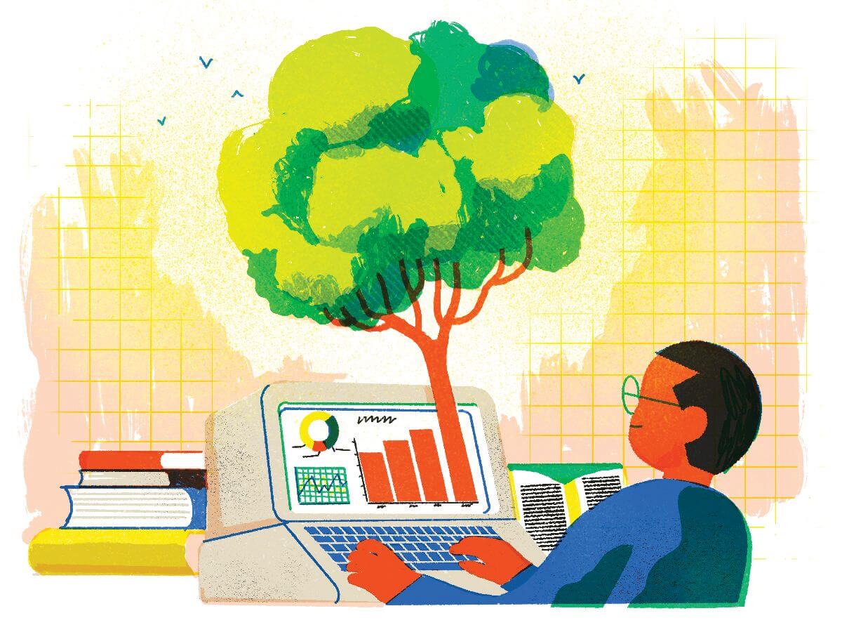 Should corporations take a side on issues? | A person with short hair and glasses sits a laptop