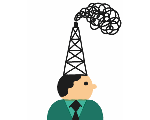 Private equity takeovers of Canadian oil and gas | An illustration of a person with an oil refinery on their head