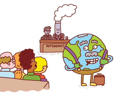 An illustration depicting an environmental lawyer defending the environment from polluters