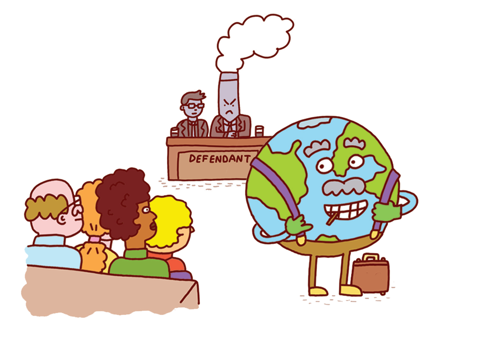 An illustration depicting an environmental lawyer defending the environment from polluters