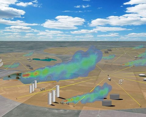 Illustration showing how trace gases are detected in the field using a mobile dual-frequency comb laser spectrometer.