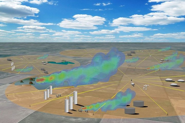 Illustration showing how trace gases are detected in the field using a mobile dual-frequency comb laser spectrometer.