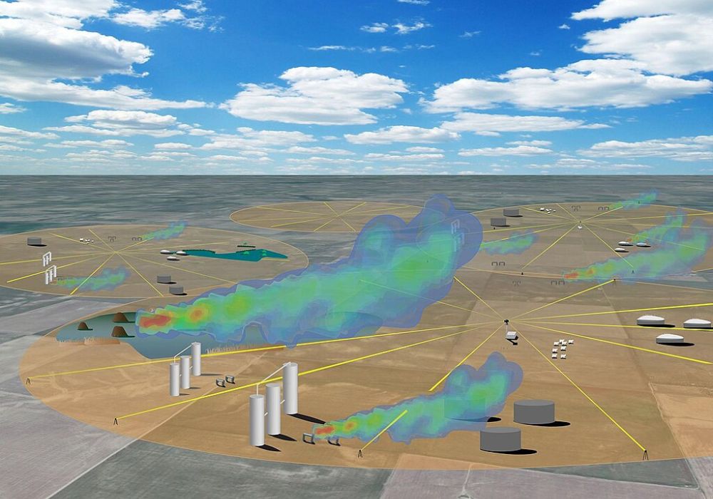 Illustration showing how trace gases are detected in the field using a mobile dual-frequency comb laser spectrometer.