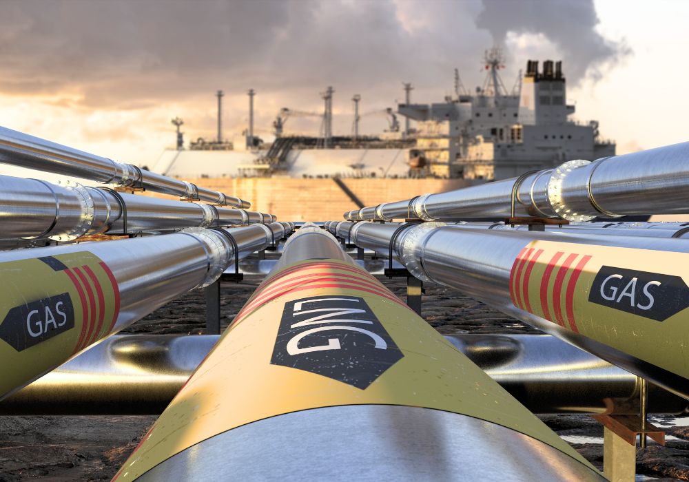 LNG pipelines leading toward a tanker