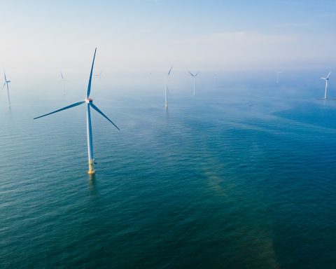 Aerial view of wind turbines in Finland.