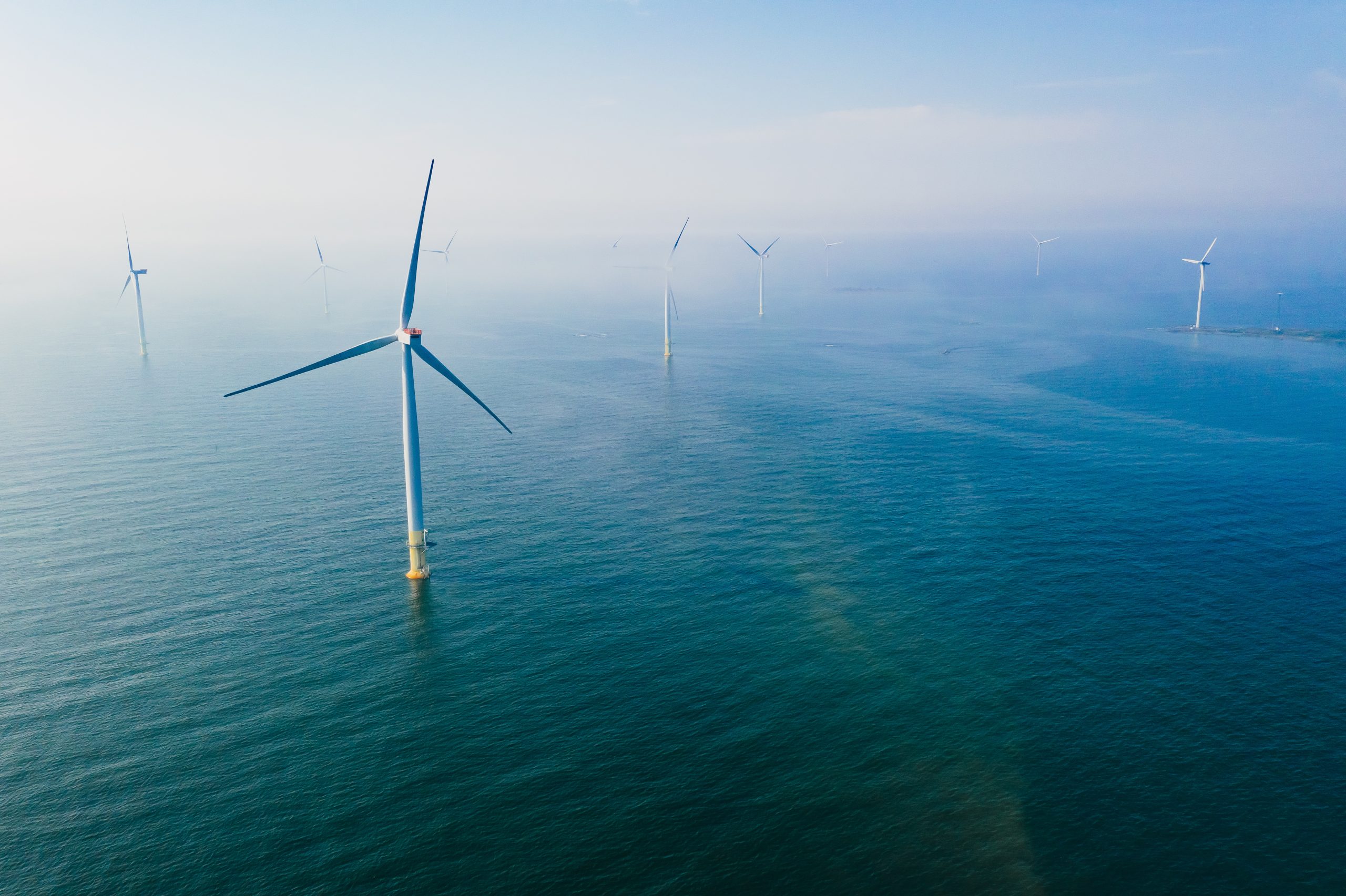 Aerial view of wind turbines in Finland.