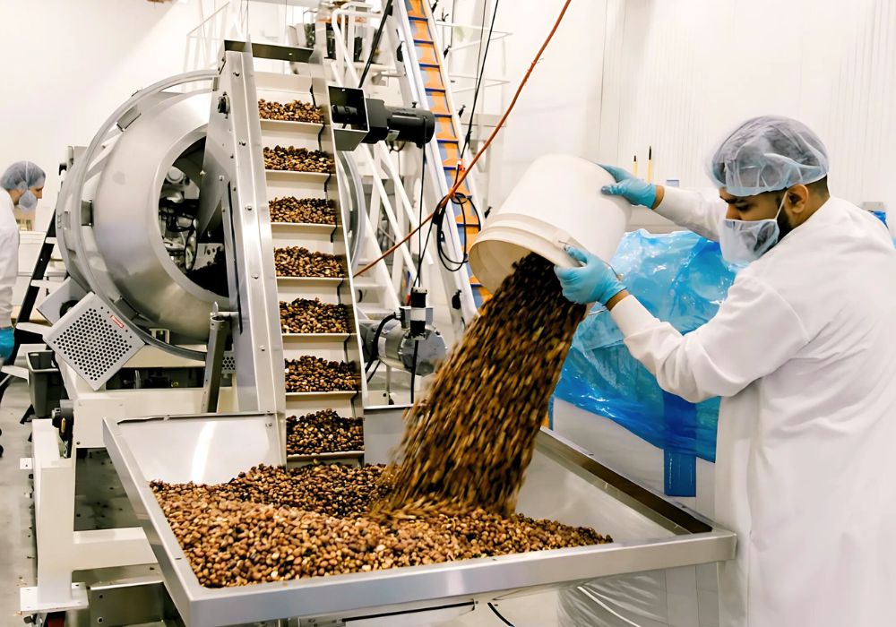 A worker prepares pulse-based snacks for Three Farmers Food